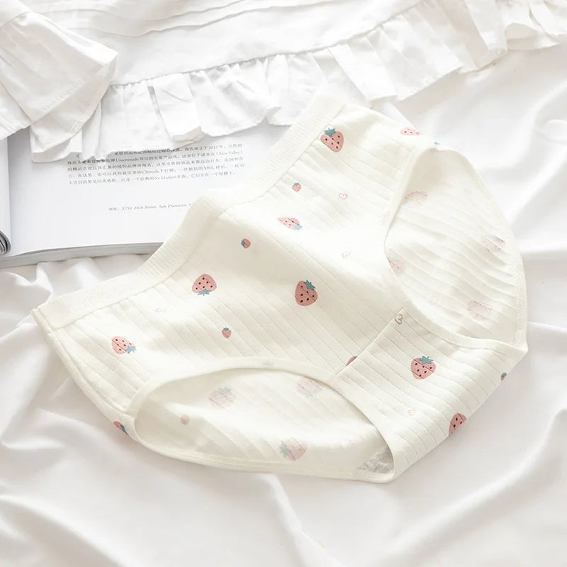 1 Pack Cute Bear & Strawberry Print Cotton Mid-Rise Panties Women's Comfort Underwear M-XL Grid & Striped Print Lingerie