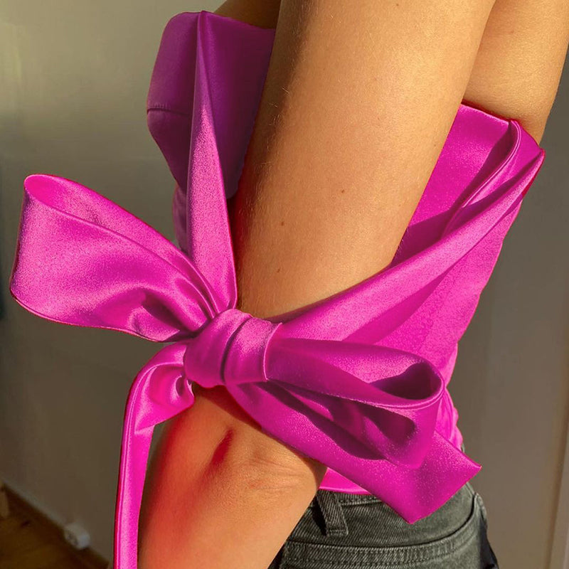 Women's Stain Bustier Tops Solid Color Bow Tie Strap Sleeveless Boned Corset Tops Summer Streetwear Tank Tops