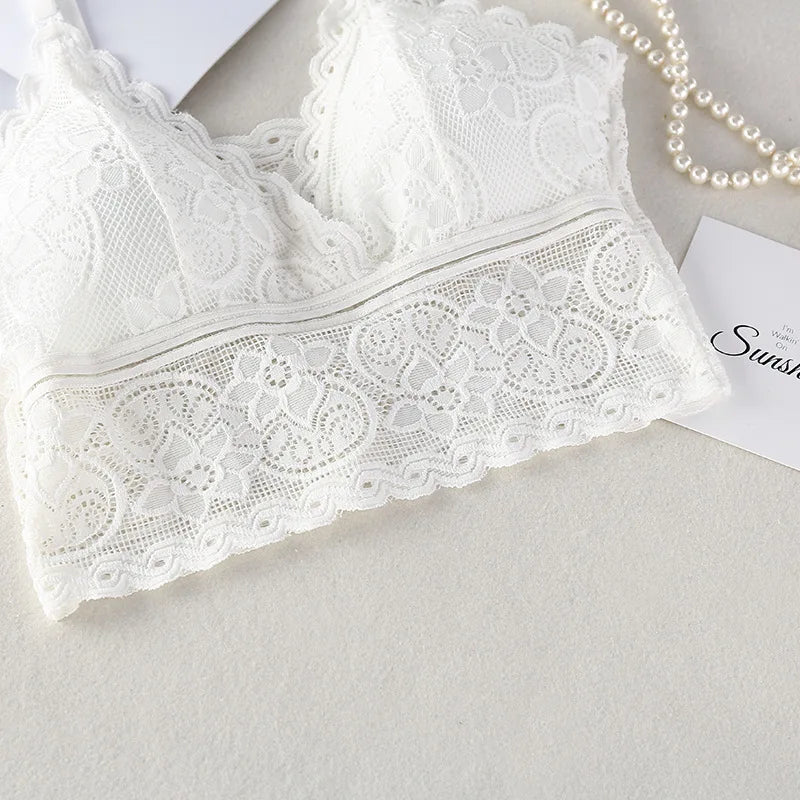 Women Full Floral Lace V-Neck Bralette One Size Scalloped Lace Wireless Camisole Bra Detachable Adjustable Thin Straps Lingerie