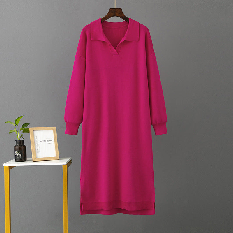 Autumn Winter Polo Collar Base Knitting Loose Solid Color Women Dress