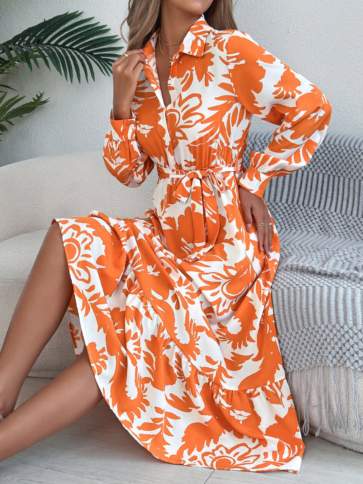 Spring Summer Casual Floral Long Sleeve Shirt Ruffled Maxi Dress Women Clothing
