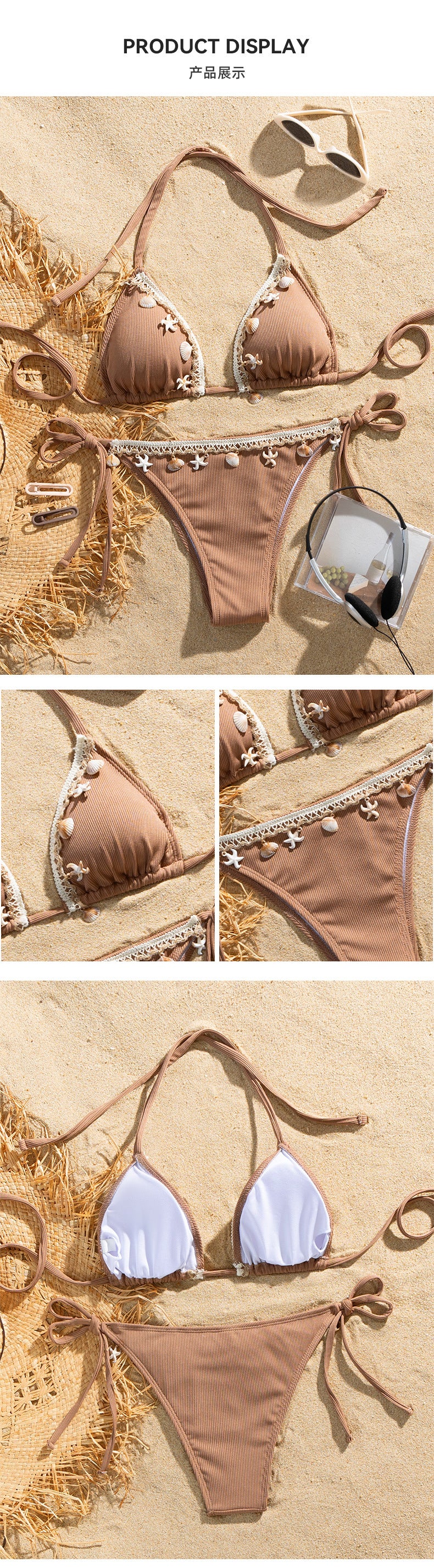 Shell Decoration Ribbed Bikini Women Swimwear Female Swimsuit Two-pieces Bikini Set Halter Strappy Bather Bathing Suit Swim Lady