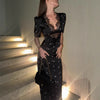 High End Elegant Women Satin Lace V neck Patchwork Hollowed Polka Dot Floral Print Mid Length Sleeves Dress