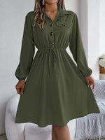 Real Shot Autumn Winter Casual Button Lace up Waist Controlled Long Sleeves Shirt Dress Women Clothing