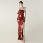 Sequin Mesh Craft Beaded Evening Dress off the Shoulder High Slit Fishtail Dress Swing Cocktail Social Socialite