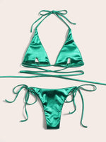 Wrap Around Halter Metallic Satin Bikini Women Swimwear Female Swimsuit Two-pieces Bikini Set Brazilian Bathing Suit Swim Lady