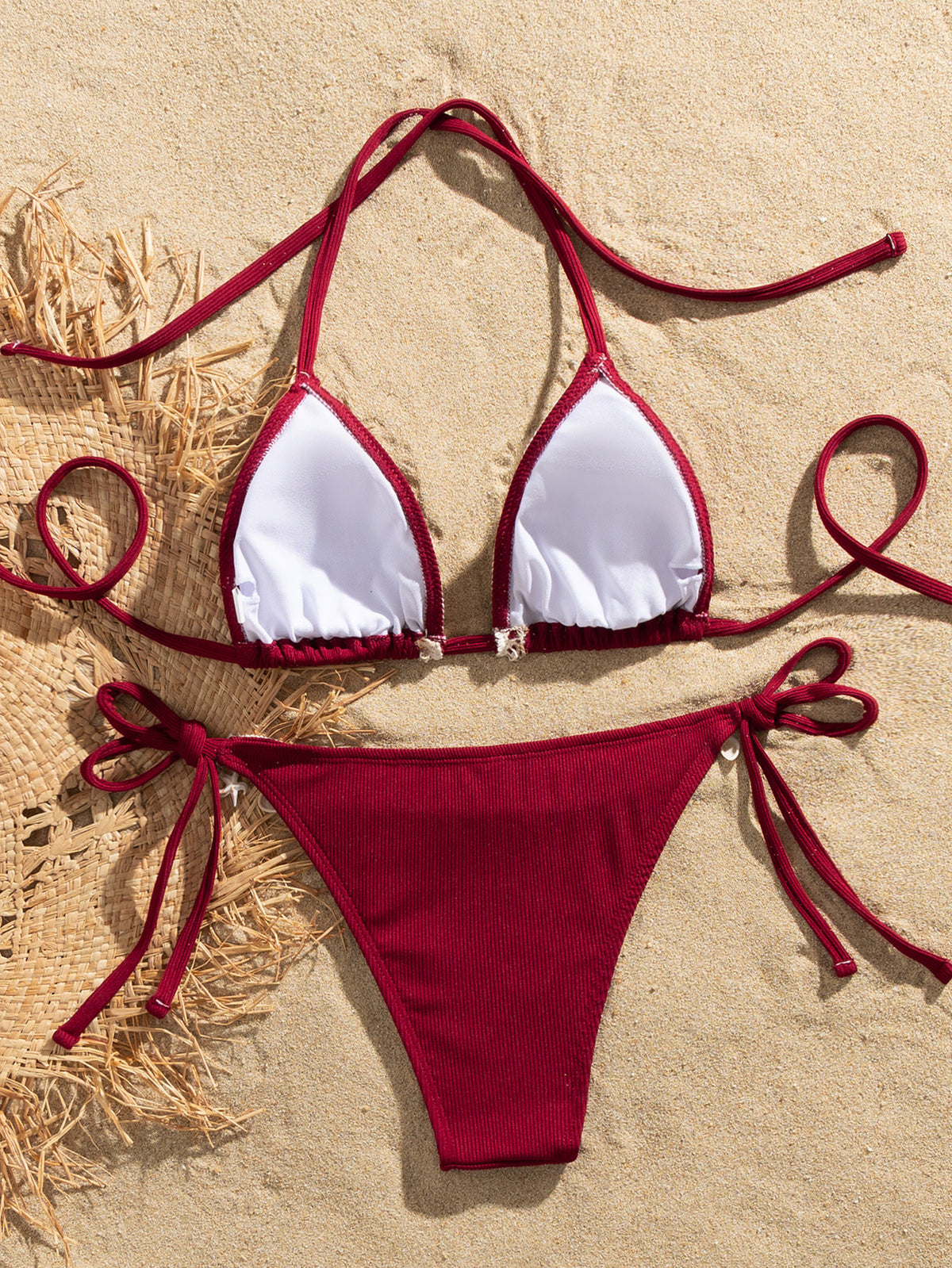 Shell Decoration Ribbed Bikini Women Swimwear Female Swimsuit Two-pieces Bikini Set Halter Strappy Bather Bathing Suit Swim Lady