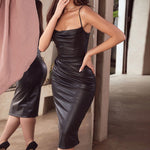 Party Dress Women Nightclubs Sexy Faux Leather Pleated Cami Dress Women