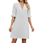 Summer Solid Color V neck Loose Pleated Half Length Sleeve Dress Women