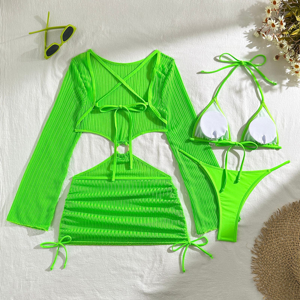 Mesh Sheer Long Sleeve Cover-Up Micro Bikini Female Swimsuit Women Swimwear Three-pieces Bikini Set Bathing Suit Swim Beach Wear