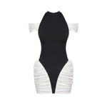 Summer Women Clothing Color Contrast Patchwork Sexy Hourglass Pleated Halter Dress Sleeveless Dress