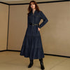 Women Clothing Denim Long Sleeve Breasted Waist Dress(Without Belt)