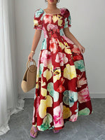 Summer Bubble Sleeve High Waist Tight Waist Women Printed Wear Large Swing Sling Dress
