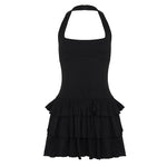 Built Basic Solid Color U Collar Halter Pleated Tiered Skirt Sexy Backless Dress Short Dress