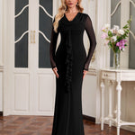 Spring Autumn Mesh Long Sleeved Dress Sexy Swing Collar Wooden Ear Decoration Slim Fit Sheath Dress