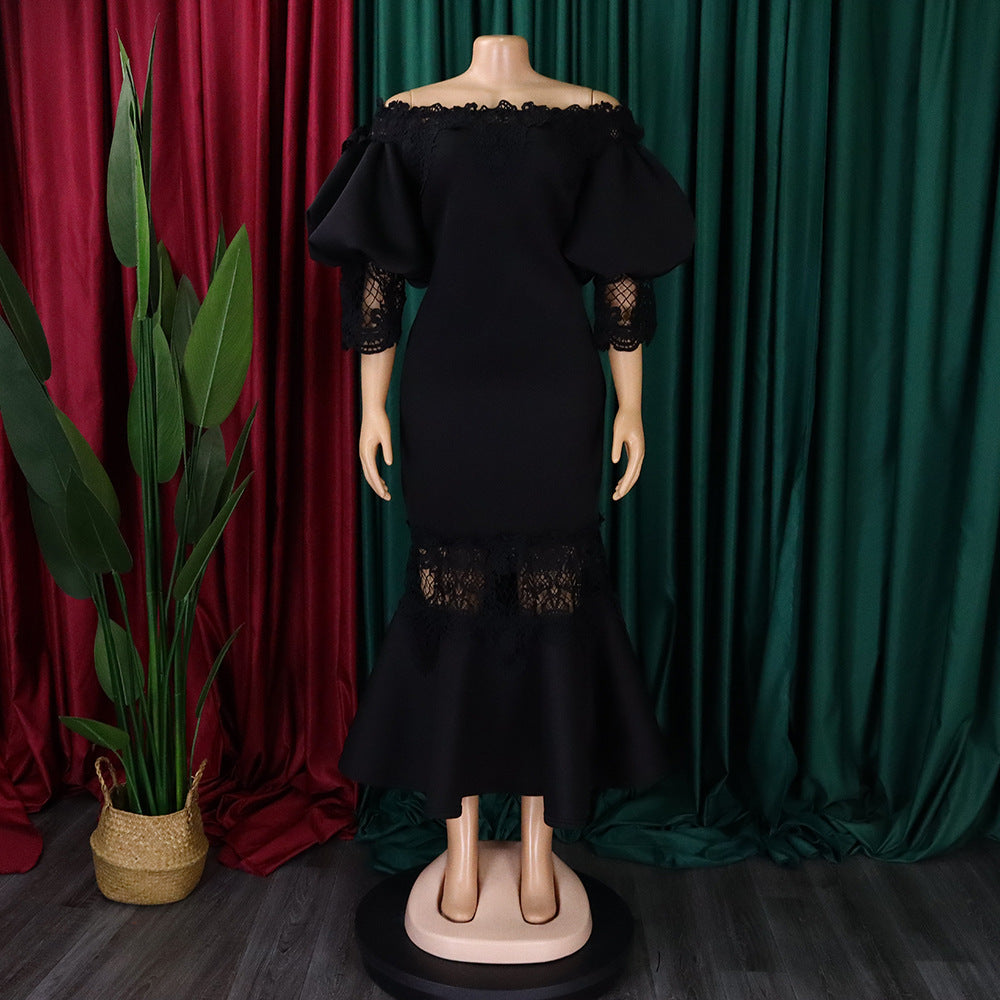D368 cross-border women's fashion temperament lace off-the-shoulder fishtail party sexy party dress foreign trade dress