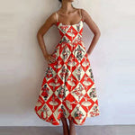 Spring Women Clothing Printing Pleated Waist Tight Large Swing Sling Dress