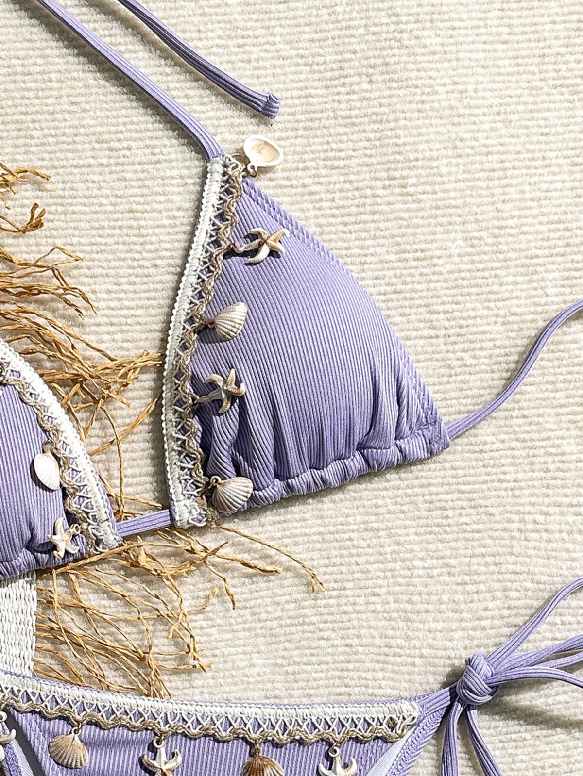 Shell Decoration Ribbed Bikini Women Swimwear Female Swimsuit Two-pieces Bikini Set Halter Strappy Bather Bathing Suit Swim Lady