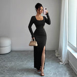 Spring U Collar Solid Color Slim Fit Slimming Knitted Long Sleeve Split Dress