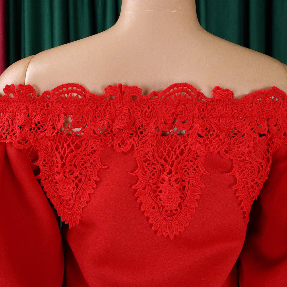 D368 cross-border women's fashion temperament lace off-the-shoulder fishtail party sexy party dress foreign trade dress