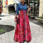 Autumn Winter Women Clothing Casual Denim Stitching Printing Maxi Dress Shirt Dress