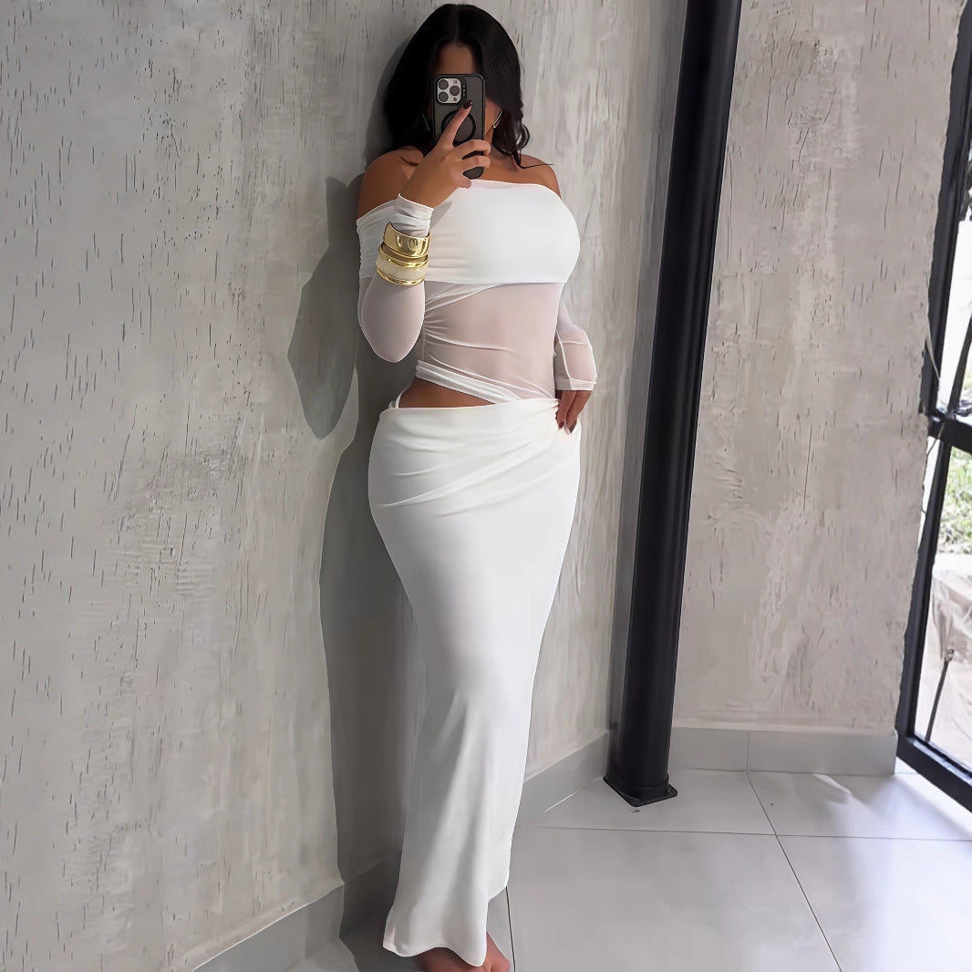 Summer Women Maxi Dress Sexy Mesh Stitching Slim Fit Tube Top Long Sleeve Dress