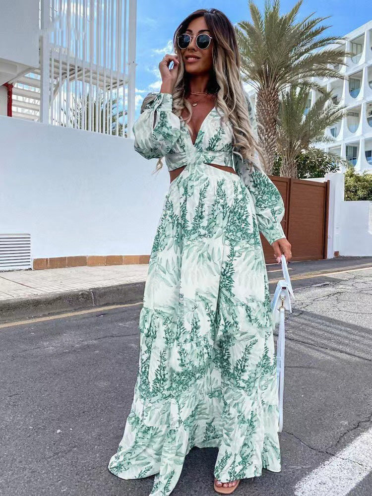 Women Wear Spring Long Printed V neck Long Sleeve Elegant Dress