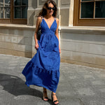 French Vacation Blue Cotton Linen V neck Strap Backless Dress Spring Summer Dress
