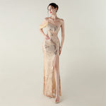 Sequin Mesh Craft Beaded Evening Dress off the Shoulder High Slit Fishtail Dress Swing Cocktail Social Socialite