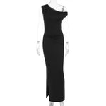 Summer Women Clothing Simple Intellectual Slant Shoulder Tight High Waist Pleated Split Dress
