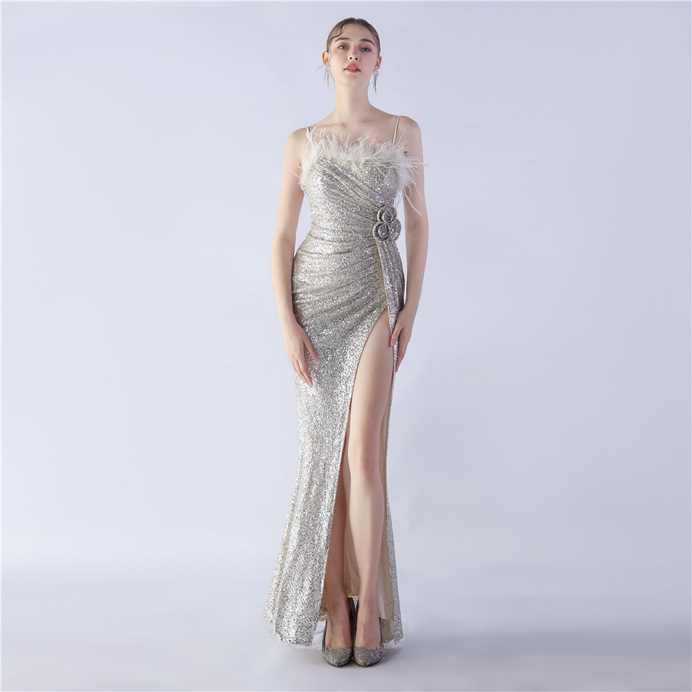 Ostrich Hair Craft Floral Wedding Annual Meeting High End Evening Dress