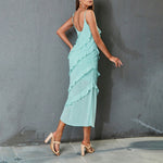 Summer Women Sexy Dress Semi Transparent Stitching Sleeveless Backless Halter Dress