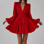 French Pleated Dress Women Puff Sleeve V neck Waist Seal Slimming Satin A line Dress
