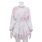 Autumn Cotton Champray Printed Casual Dress Women round Neck Long Sleeve Ruffles A line Dress