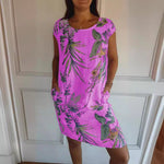Women Clothing Summer Cotton Linen round Neck Printed with Pocket