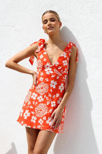 Summer Dress Printed V neck Lace up Mini Sling Dress