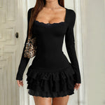 Square Collar Wooden Ear Mini Dress for Women Autumn Winter Long Sleeve Dress