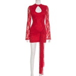 Women Clothing Autumn Solid Color Hollow Out Cutout out Strap Sexy Lace Long Sleeve Ribbon Short Dress
