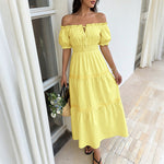 Fresh Vacation Solid Color off Shoulder Puff Sleeve Tiered Dress
