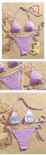 Shell Decoration Ribbed Bikini Women Swimwear Female Swimsuit Two-pieces Bikini Set Halter Strappy Bather Bathing Suit Swim Lady