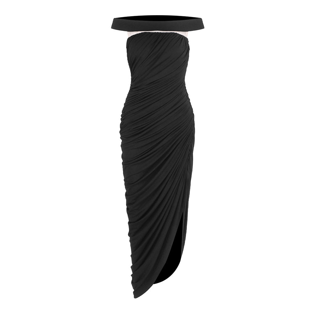 Sexy off the Shoulder Side Slit Draping Effect Pleated Slim Fit Dinner Birthday Party Dress