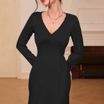 Women Clothing French V neck Satin Dress Autumn Winter High Waist Slim Dress