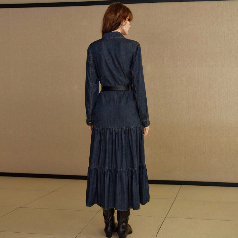 Women Clothing Denim Long Sleeve Breasted Waist Dress(Without Belt)
