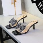 Rhinestone Bow Square Toe Open Toe Slippers Transparent Slip on Stiletto Heel Outdoor Slippers