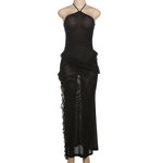Summer Women Sexy Halter Strap Side Slit Stringy Selvedge Dress