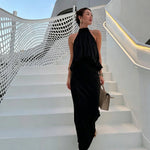 Satin Light Luxury Design Apricot Halter Lace up Backless Slim Fit Sleeveless Women Summer Dress