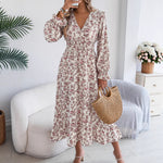 Autumn Winter Elegant Floral Cross V neck Waist Trimming Ruffles Maxi Dress Women Clothing