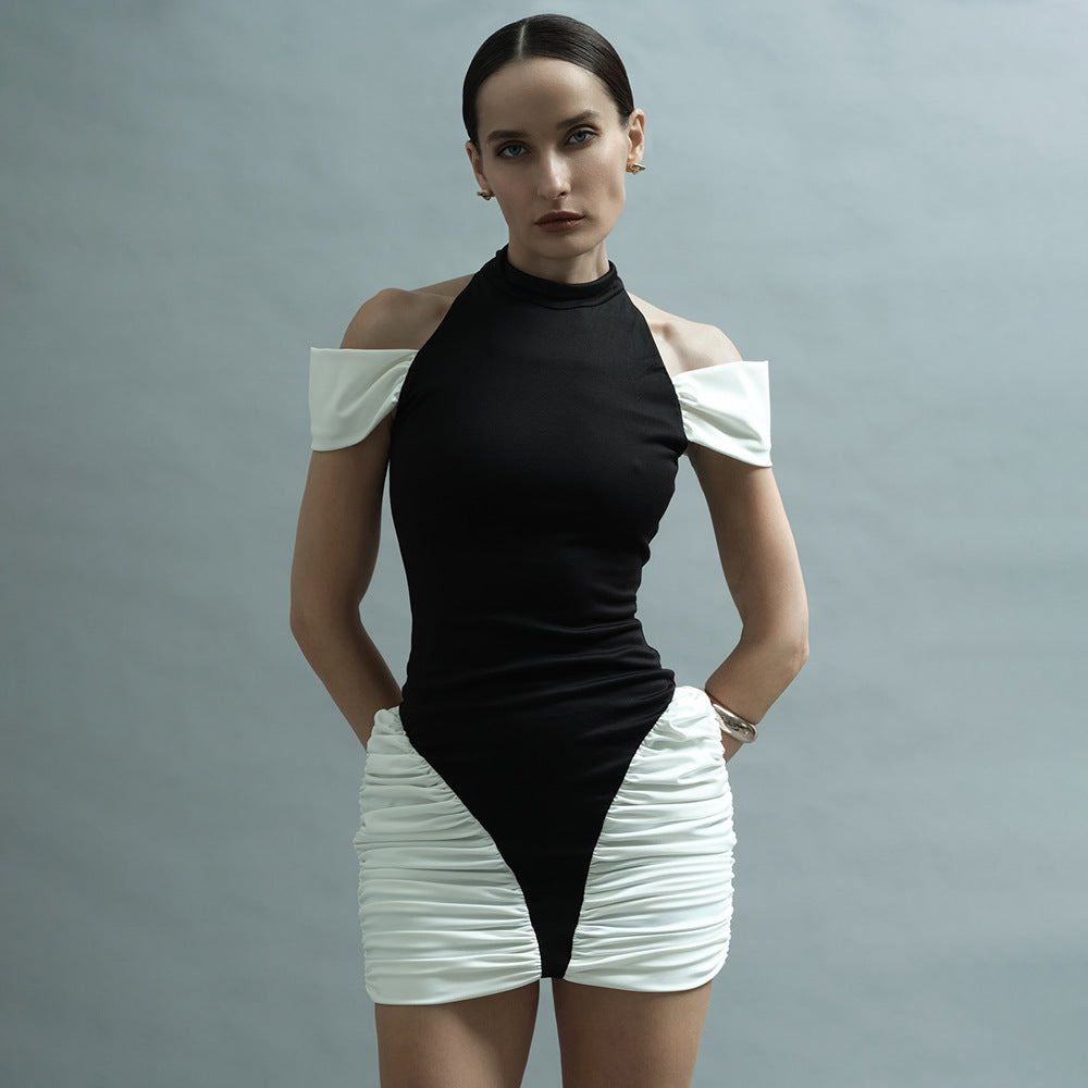 Summer Women Clothing Color Contrast Patchwork Sexy Hourglass Pleated Halter Dress Sleeveless Dress
