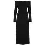 Elegant Graceful Women Dress Solid Color off Shoulder Pleated Slim Fit Figure Flattering Maxi Dress