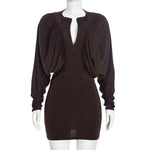 Women Clothing Autumn Solid Color Casual Draped Long Sleeve Pleated Zipper Slim Short Dress